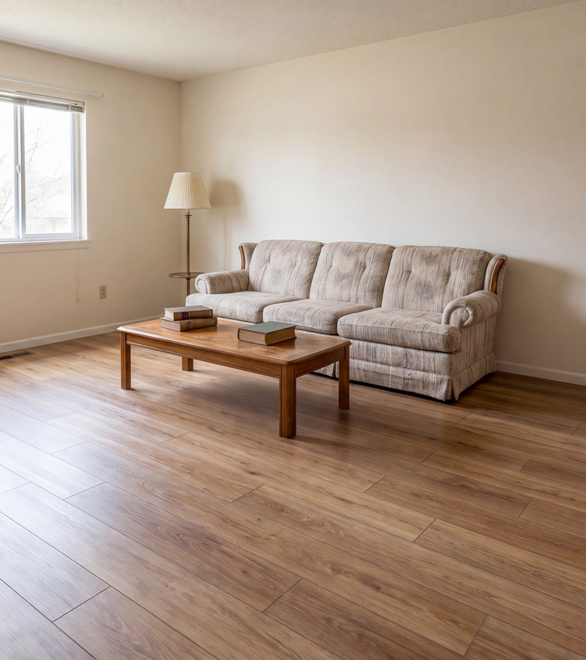 New luxury vinyl plank flooring installed in the same living room