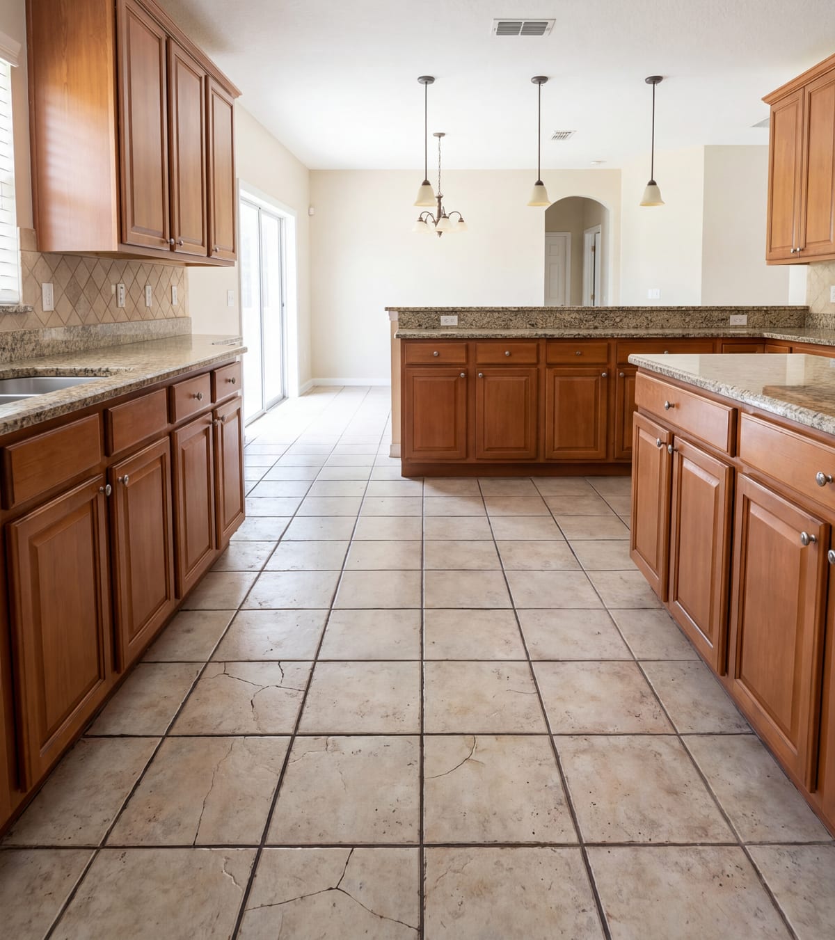 Cracked, dated tile flooring before renovation