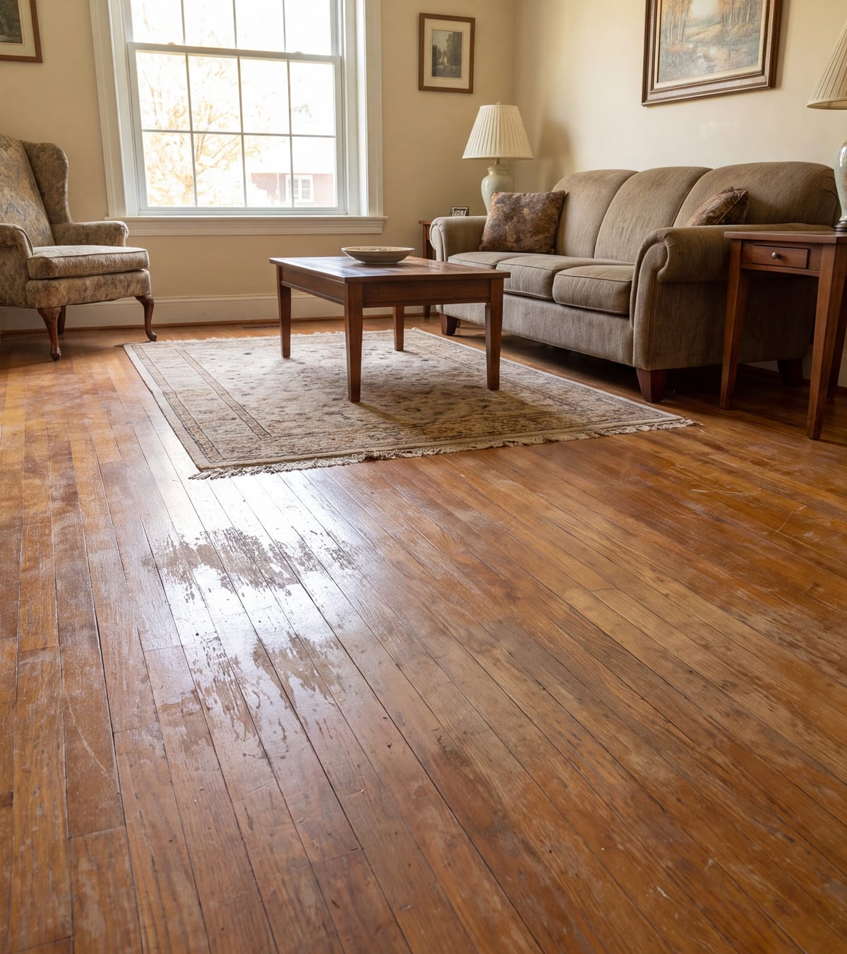 Scratched, faded hardwood floor before refinishing