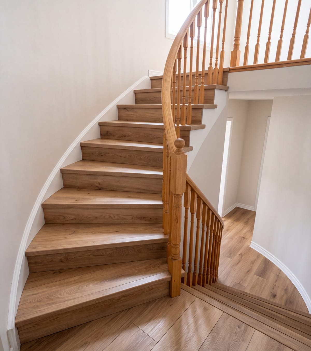 Same curved staircase finished in wood-look LVP treads