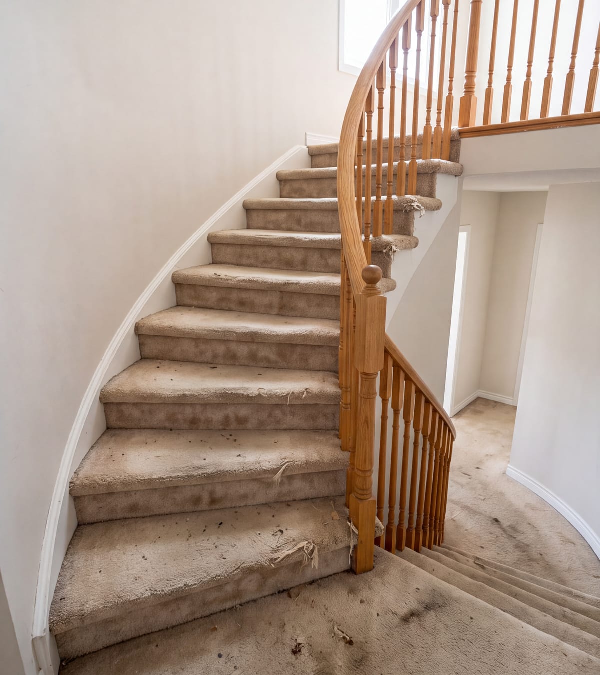 Worn carpet on a curved staircase before removal